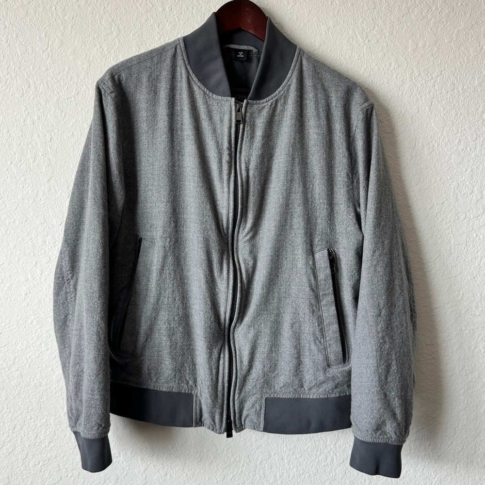 Hugo Boss Mens Gray Heathered Full Zip Bomber Jacket Ribbed Trim Ukraine Made